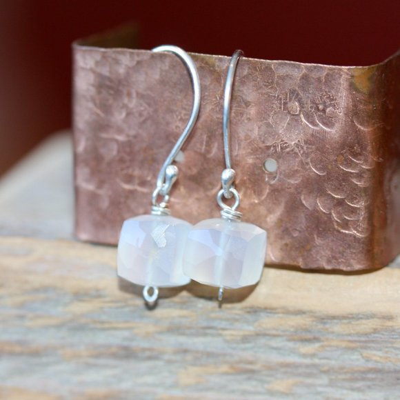 Tiny Silver Earring - Small Square Gem Earrings - White Chalcedony Earrings - - Picture 5 of 9